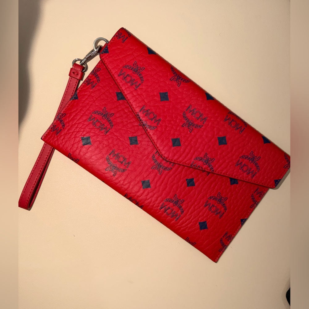 MCM Red Logo Envelope Wristlet Clutch with Navy Print